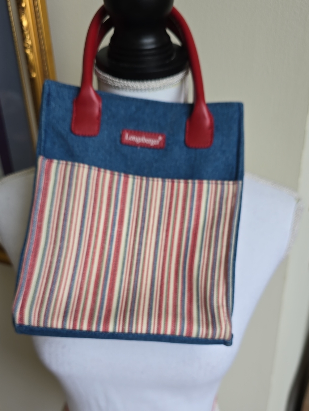 Longaberger Striped Denim Tote with Red Handles